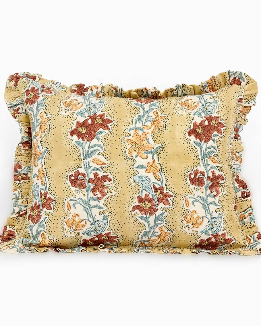 Block Printed Linen Ruffle Cushion Cover | Mustard