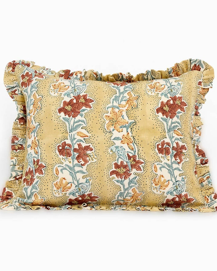 Block Printed Linen Ruffle Cushion Cover | Mustard
