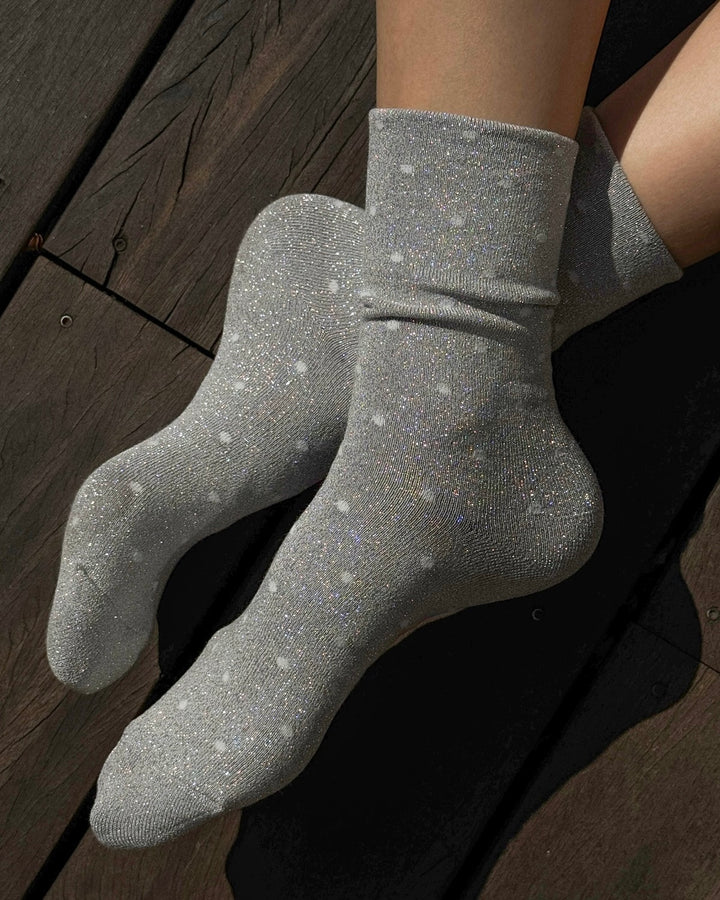 Le Bon Shoppe | Lurex Patterned Sneaker socks | Silver White